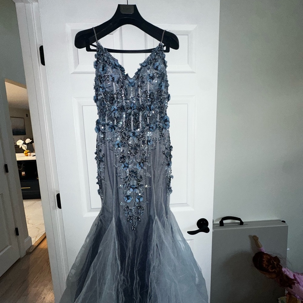 Jovani Silver and Blue Embellished Dress